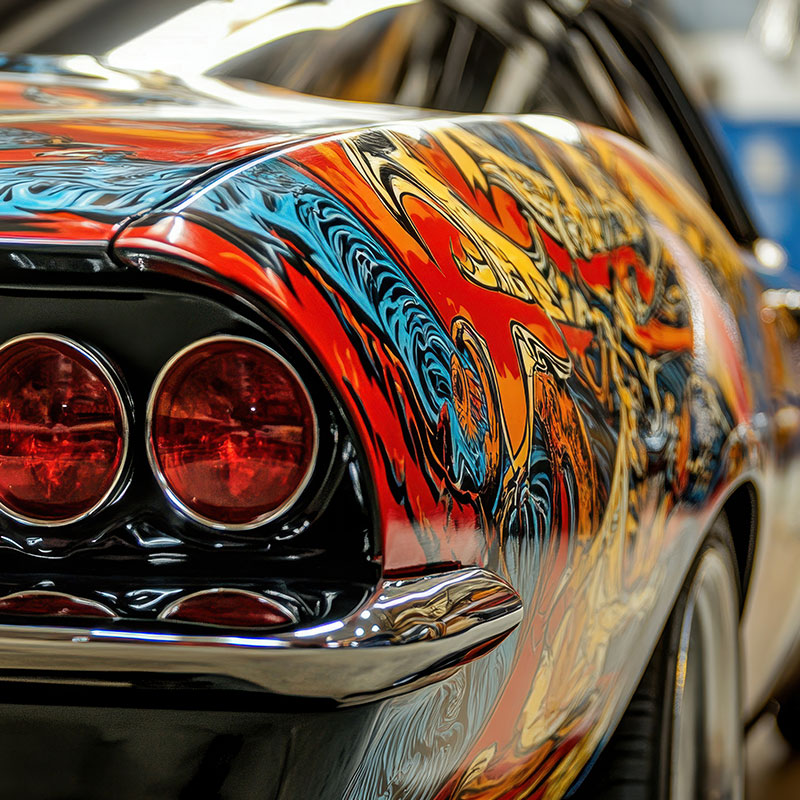 Rear of a classic car in a colorful printed wrap