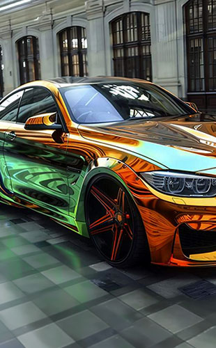 Sports car in a chrome orange and green wrap