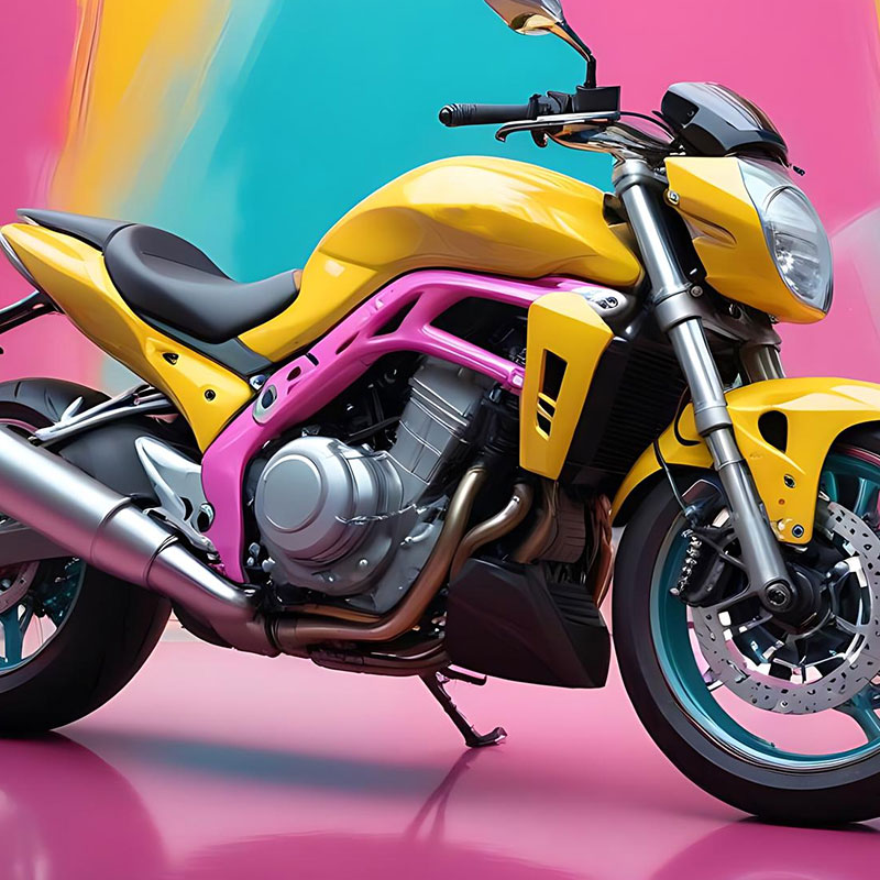 Motorcycle wrapped in yellow and pink