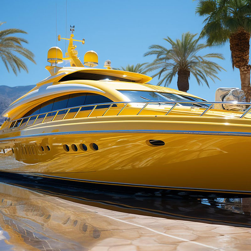 Yacht wrapped in gold at a marina